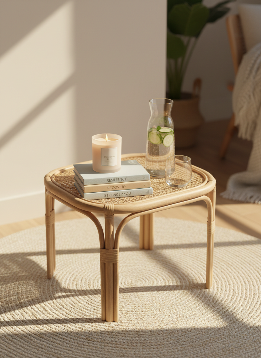 A cozy wellness corner featuring a low, natural rattan side table holding a lit soy candle in a frosted glass jar, a small stack of pale blue and sand-colored hardcover books titled “Resilience,” “Recovery,” and “Stronger You,” and a clear glass carafe of water with cucumber slices. The table stands on a light woven jute rug against a soft, warm-white wall. Late afternoon light filters in from the right, casting gentle, elongated shadows and a golden, reassuring glow. Captured from a slightly elevated angle with a moderate depth of field, the background softly blurs. The atmosphere is reassuring, grounded, and professional, rendered in clean photographic realism with a calm, holistic aesthetic.