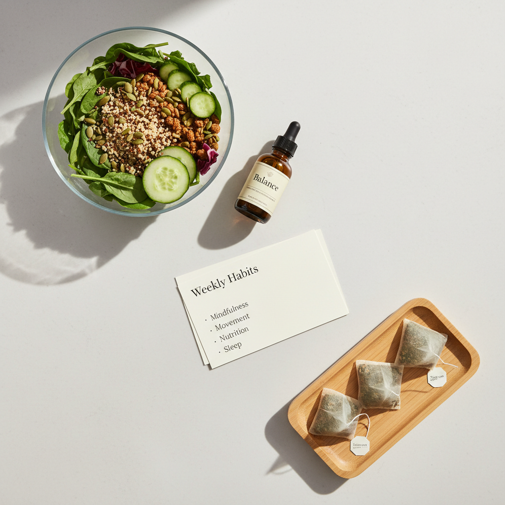 A flat-lay of carefully arranged holistic wellness tools on a smooth, pale stone surface: a clear glass bowl of vibrant mixed greens and grains, a small amber dropper bottle labeled “Balance,” a pair of neatly stacked index cards titled “Weekly Habits,” and a polished wooden tray holding three herbal tea bags. Soft diffused daylight from above creates even illumination with subtle shadows accentuating each object’s texture. The composition follows a gentle diagonal flow, with ample negative space for calmness. The mood is professional yet nurturing, conveying structured, science-informed holistic health. Photographic realism with crisp focus and natural, muted colors supports a modern coaching brand aesthetic.